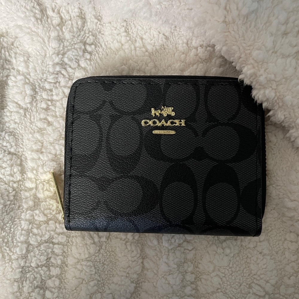 COACH Black Signature Zip Around Wallet with Gold Logo